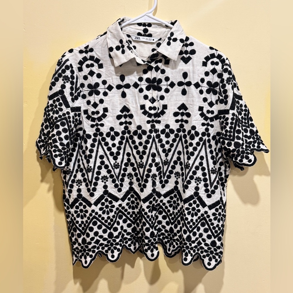 Zara Monochrome Geometric Embroidery Shirt - Picture 2 of 14